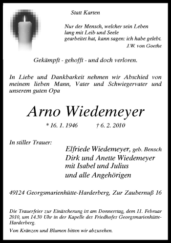 Traueranzeige von Arno Wiedemeyer von Neue Osnabrücker Zeitung GmbH & Co. KG