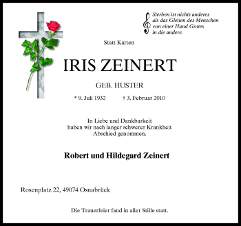 Traueranzeige von Iris Zeinert von Neue Osnabrücker Zeitung GmbH & Co. KG