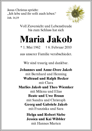 Traueranzeige von Maria Jakob von Neue Osnabrücker Zeitung GmbH & Co. KG