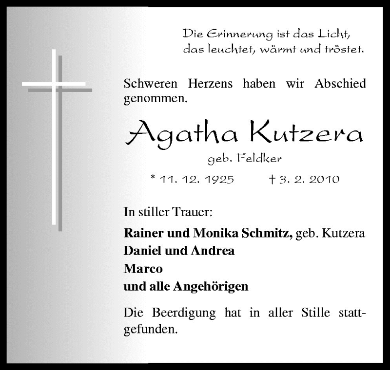  Traueranzeige für Agatha Kutzera vom 10.02.2010 aus Neue Osnabrücker Zeitung GmbH & Co. KG