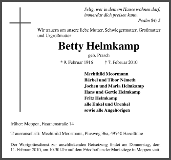 Traueranzeige von Betty Helmkamp von Neue Osnabrücker Zeitung GmbH & Co. KG