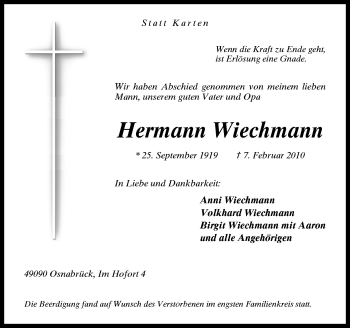 Traueranzeige von Hermann Wiechmann von Neue Osnabrücker Zeitung GmbH & Co. KG