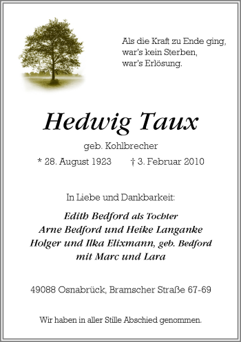 Traueranzeige von Hedwig Taux von Neue Osnabrücker Zeitung GmbH & Co. KG