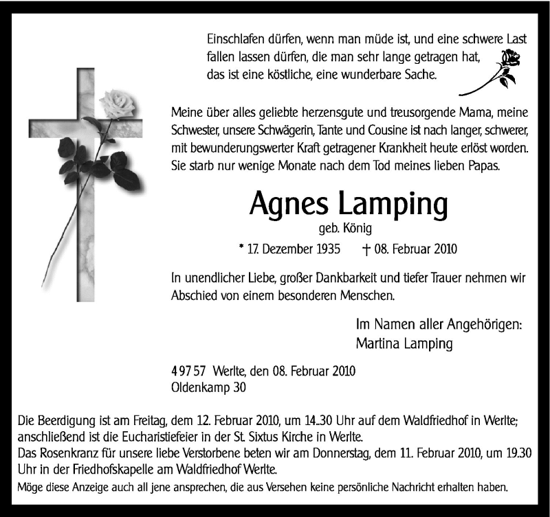  Traueranzeige für Agnes Lamping vom 10.02.2010 aus Neue Osnabrücker Zeitung GmbH & Co. KG