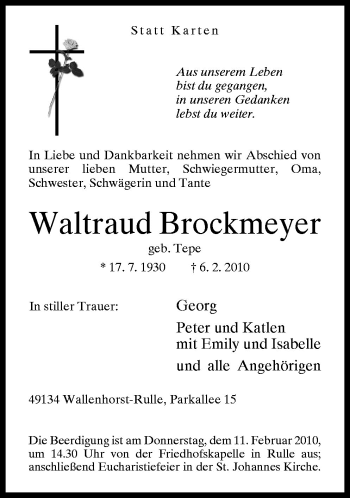Traueranzeige von Waltraud Brockmeyer von Neue Osnabrücker Zeitung GmbH & Co. KG