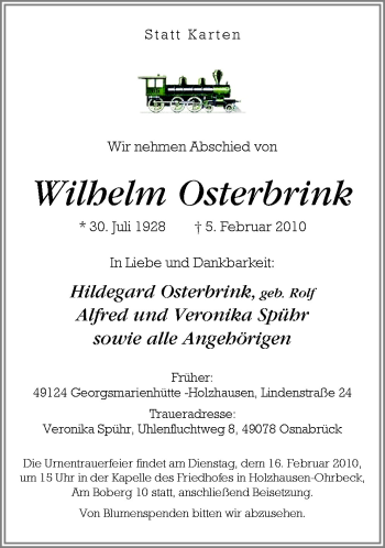 Traueranzeige von Wilhelm Osterbrink von Neue Osnabrücker Zeitung GmbH & Co. KG