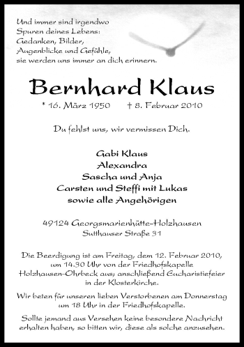Traueranzeige von Klaus Bernhard von Neue Osnabrücker Zeitung GmbH & Co. KG