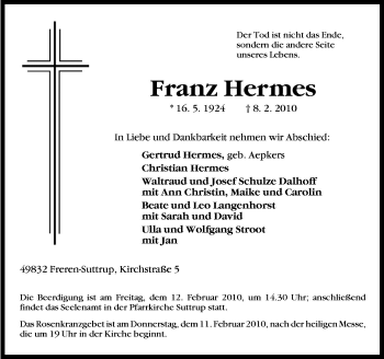 Traueranzeige von Franz Hermes von Neue Osnabrücker Zeitung GmbH & Co. KG