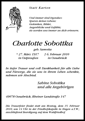 Traueranzeige von Charlotte Sobottka von Neue Osnabrücker Zeitung GmbH & Co. KG