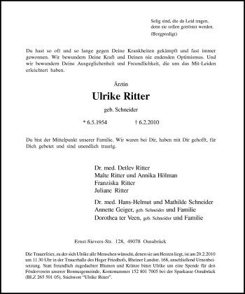 Traueranzeige von Ulrike Ritter von Neue Osnabrücker Zeitung GmbH & Co. KG
