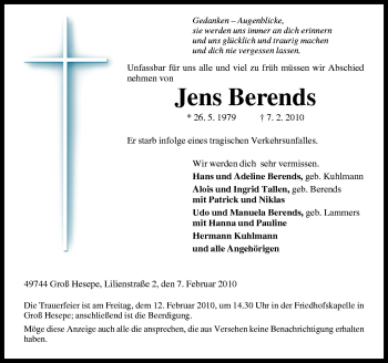 Traueranzeige von Jens Berends von Neue Osnabrücker Zeitung GmbH & Co. KG