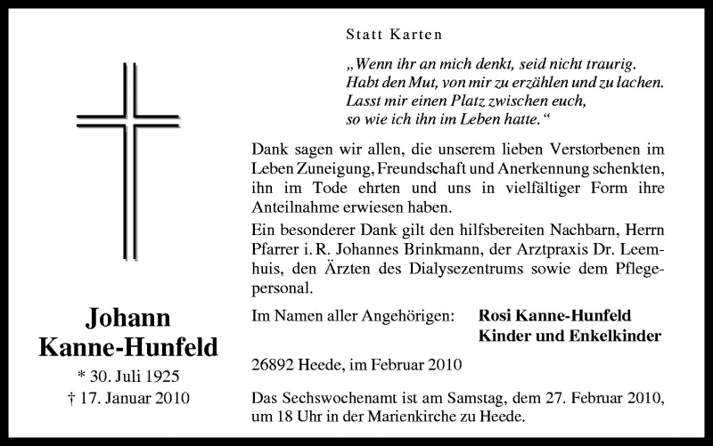  Traueranzeige für Johann Kanne-Hunfeld vom 23.02.2010 aus Neue Osnabrücker Zeitung GmbH & Co. KG