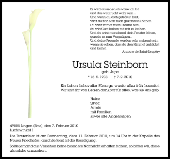 Traueranzeige von Ursula Steinborn von Neue Osnabrücker Zeitung GmbH & Co. KG