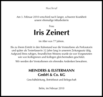 Traueranzeige von Iris Zeinert von Neue Osnabrücker Zeitung GmbH & Co. KG