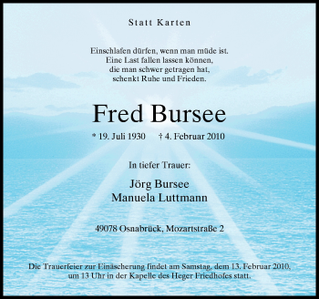 Traueranzeige von Fred Bursee von Neue Osnabrücker Zeitung GmbH & Co. KG