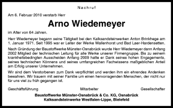 Traueranzeige von Arno Wiedemeyer von Neue Osnabrücker Zeitung GmbH & Co. KG