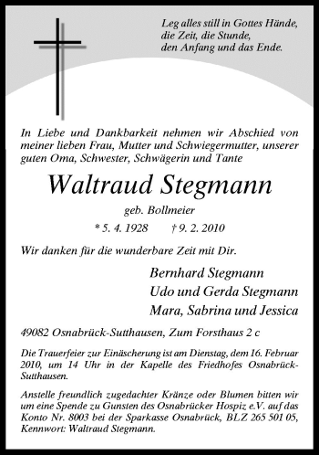Traueranzeige von Waltraud Stegmann von Neue Osnabrücker Zeitung GmbH & Co. KG