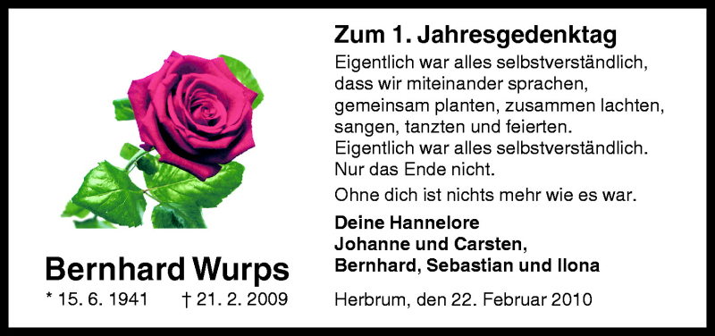  Traueranzeige für Bernhard Wurps vom 22.02.2010 aus Neue Osnabrücker Zeitung GmbH & Co. KG