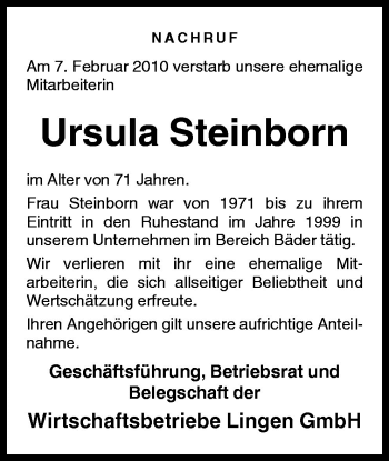 Traueranzeige von Ursula Steinborn von Neue Osnabrücker Zeitung GmbH & Co. KG