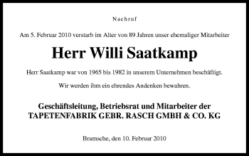 Traueranzeige von Willi Saatkamp von Neue Osnabrücker Zeitung GmbH & Co. KG