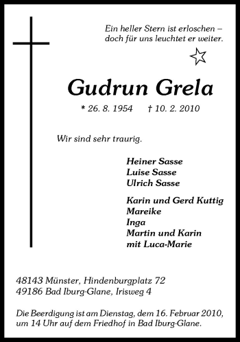 Traueranzeige von Grela Gudrun von Neue Osnabrücker Zeitung GmbH & Co. KG