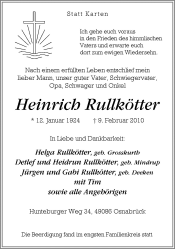 Traueranzeige von Heinrich Rullkötter von Neue Osnabrücker Zeitung GmbH & Co. KG