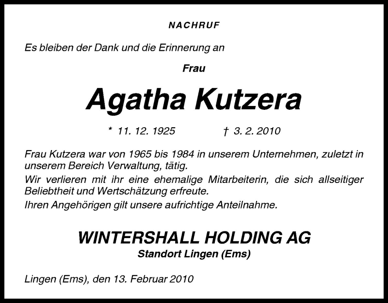  Traueranzeige für Agatha Kutzera vom 13.02.2010 aus Neue Osnabrücker Zeitung GmbH & Co. KG