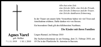 Traueranzeige von Agnes Varel von Neue Osnabrücker Zeitung GmbH & Co. KG