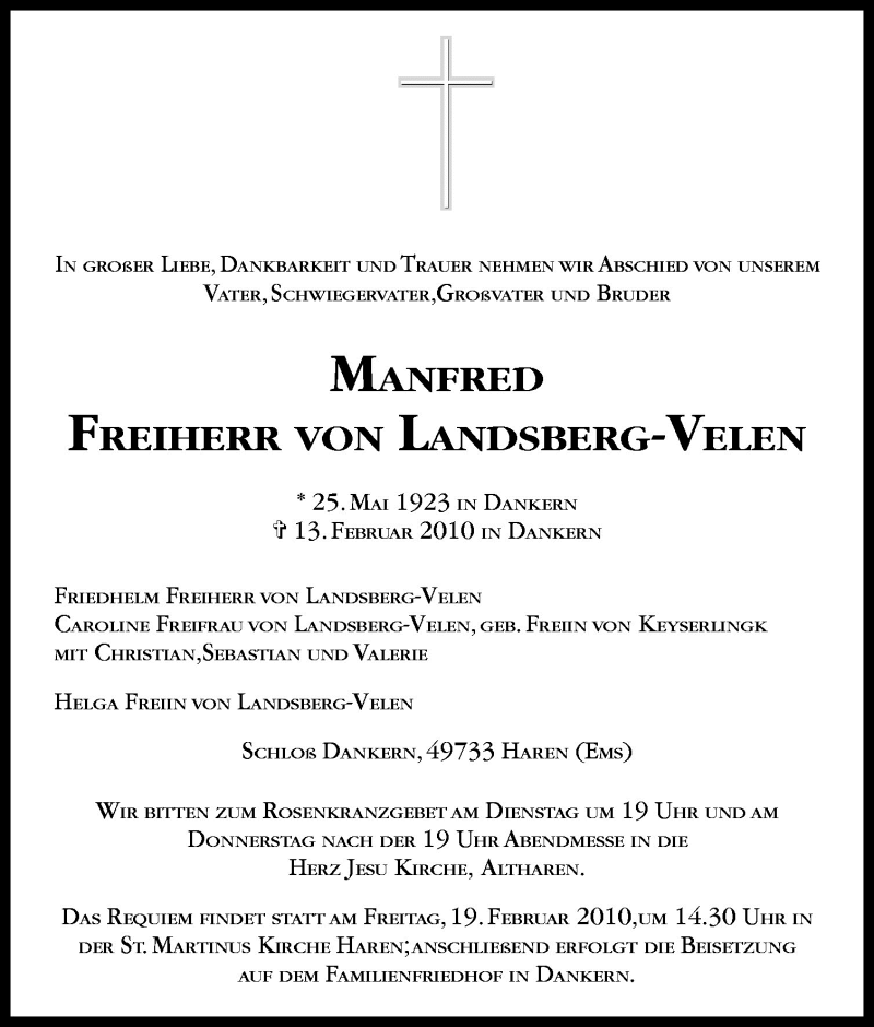  Traueranzeige für Manfred Freiherr von Landsberg-Velen vom 15.02.2010 aus Neue Osnabrücker Zeitung GmbH & Co. KG