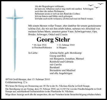 Traueranzeige von Georg Stehr von Neue Osnabrücker Zeitung GmbH & Co. KG