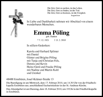 Traueranzeige von Emma Pöling von Neue Osnabrücker Zeitung GmbH & Co. KG