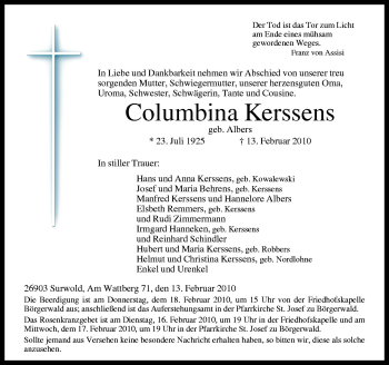 Traueranzeige von Columbina Kerssens von Neue Osnabrücker Zeitung GmbH & Co. KG