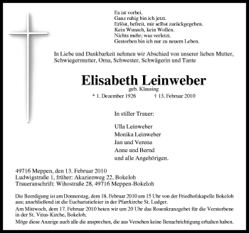 Traueranzeige von Elisabeth Leinweber von Neue Osnabrücker Zeitung GmbH & Co. KG