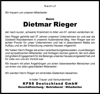 Traueranzeige von Dietmar Rieger von Neue Osnabrücker Zeitung GmbH & Co. KG