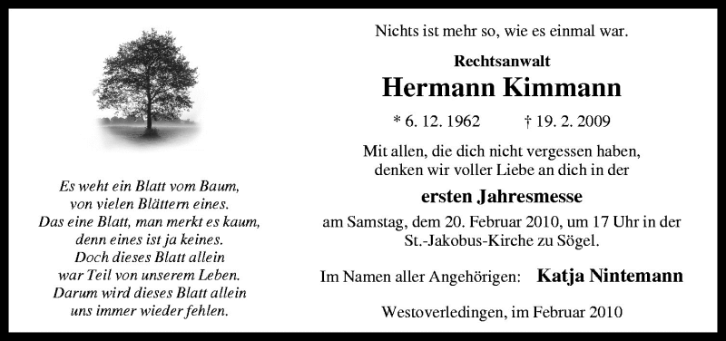  Traueranzeige für Hermann Kimmann vom 17.02.2010 aus Neue Osnabrücker Zeitung GmbH & Co. KG