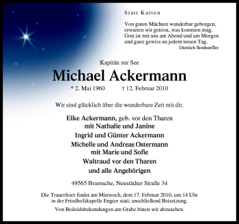 Traueranzeige von Michael Ackermann von Neue Osnabrücker Zeitung GmbH & Co. KG