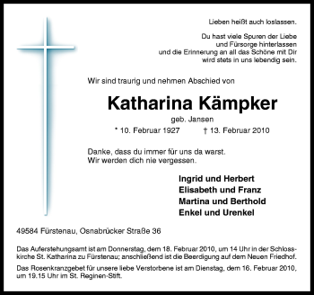 Traueranzeige von Katharina Kämpker von Neue Osnabrücker Zeitung GmbH & Co. KG