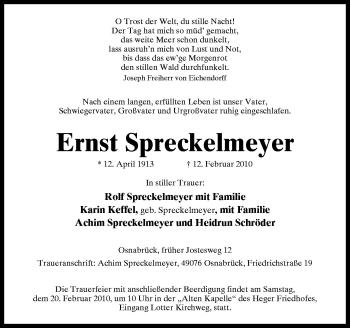 Traueranzeige von Ernst Spreckelmeyer von Neue Osnabrücker Zeitung GmbH & Co. KG