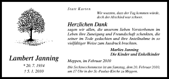 Traueranzeige von Janning Lambert von Neue Osnabrücker Zeitung GmbH & Co. KG
