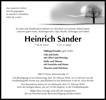 Traueranzeige von Heinrich Sander von Neue Osnabrücker Zeitung GmbH & Co. KG