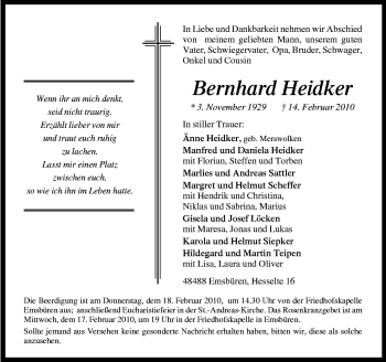 Traueranzeige von Bernhard Heidker von Neue Osnabrücker Zeitung GmbH & Co. KG
