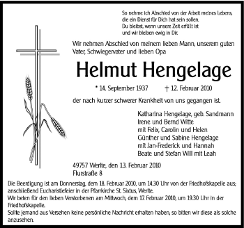 Traueranzeige von Helmut Hengelage von Neue Osnabrücker Zeitung GmbH & Co. KG