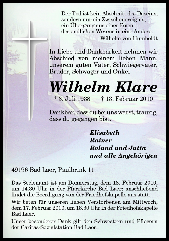  Traueranzeige für Wilhelm Klare vom 16.02.2010 aus Neue Osnabrücker Zeitung GmbH & Co. KG