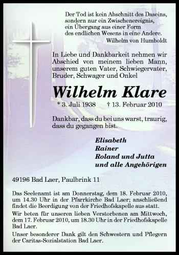 Traueranzeige von Wilhelm Klare von Neue Osnabrücker Zeitung GmbH & Co. KG
