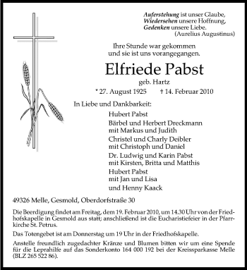 Traueranzeige von Elfriede Pabst von Neue Osnabrücker Zeitung GmbH & Co. KG