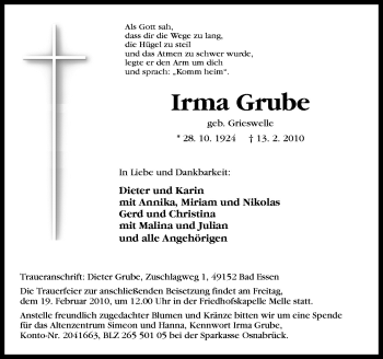 Traueranzeige von Irma Grube von Neue Osnabrücker Zeitung GmbH & Co. KG