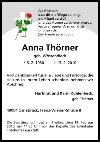 Traueranzeige von Anna Thörner von Neue Osnabrücker Zeitung GmbH & Co. KG