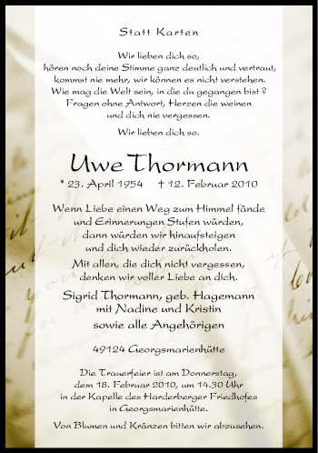 Traueranzeige von Uwe Thormann von Neue Osnabrücker Zeitung GmbH & Co. KG