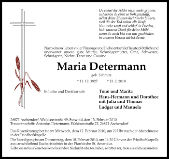 Traueranzeige von Maria Determann von Neue Osnabrücker Zeitung GmbH & Co. KG