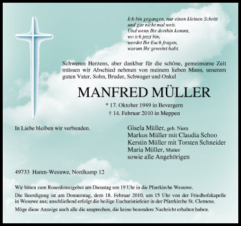 Traueranzeige von Manfred Müller von Neue Osnabrücker Zeitung GmbH & Co. KG